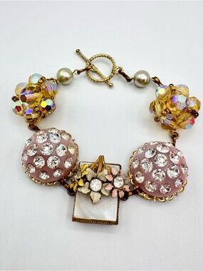 Vintage Pink Earring Upcycle Toggle Clasp Bracelet Coquette Rhinestone Crystal